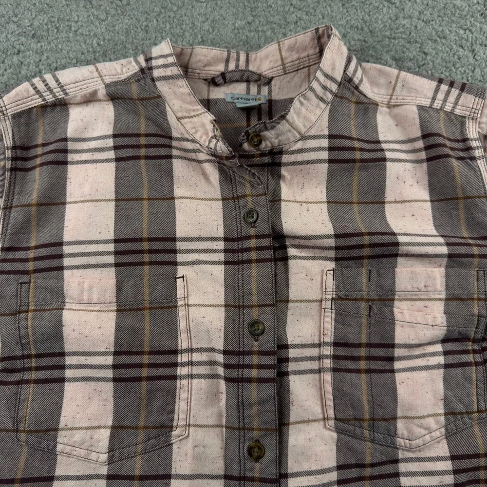 Carhartt‎ Womens XL Flannel Shirt Pink Plaid Band Collar Button Up Top